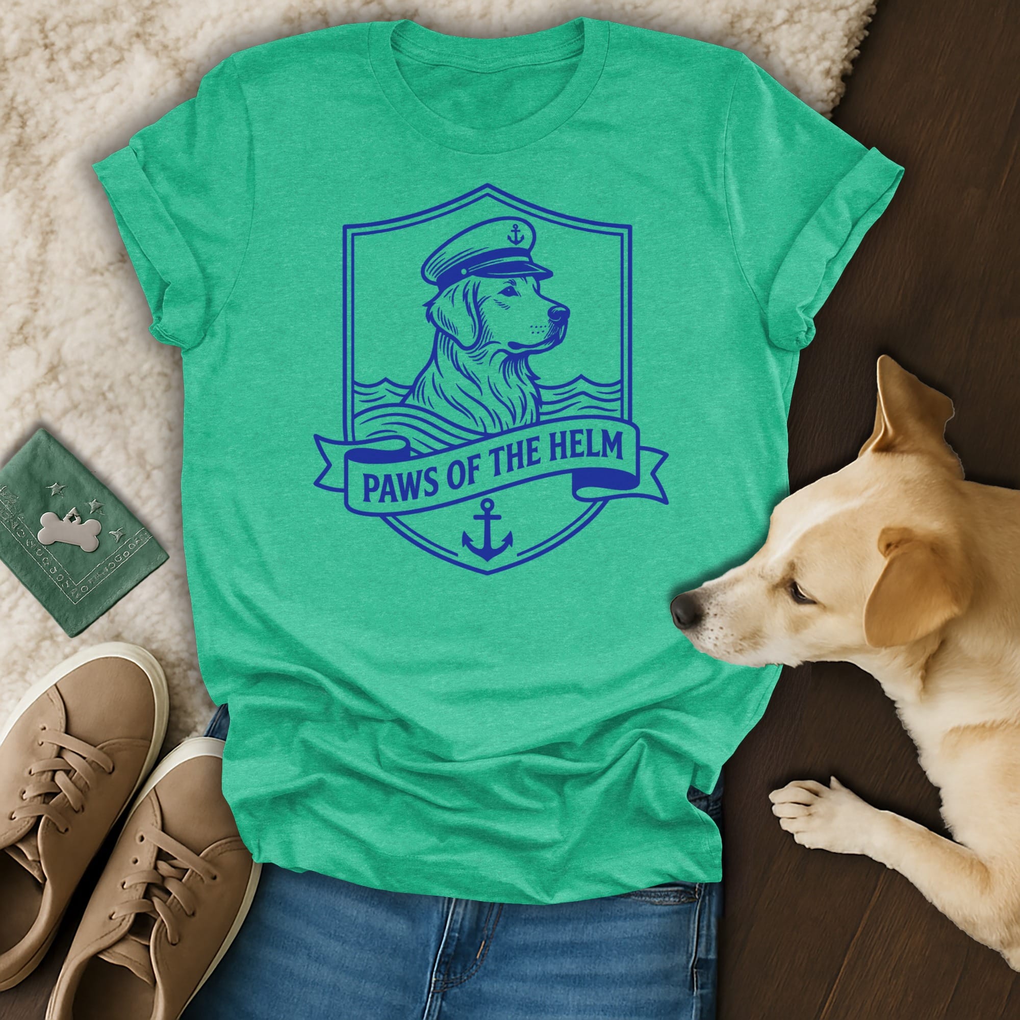 Green t-shirt with a dog, anchor, and "Paws of the Helm" text.