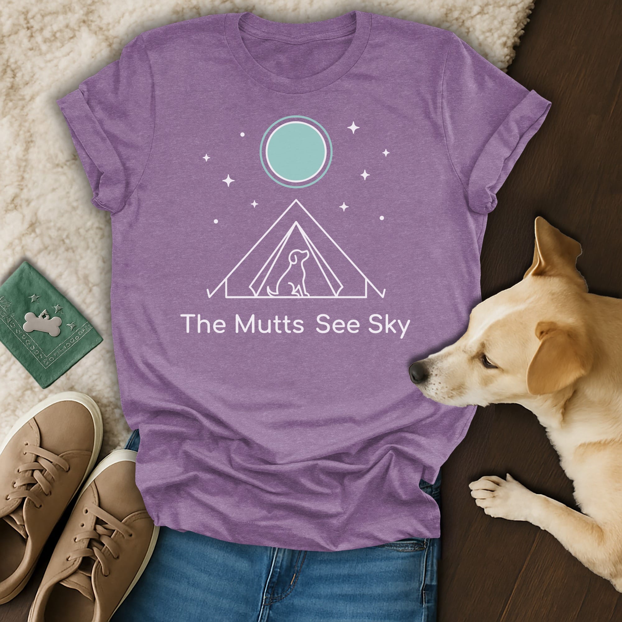 Purple t-shirt with a tent graphic and dog silhouette, "The Mutts See Sky" text.