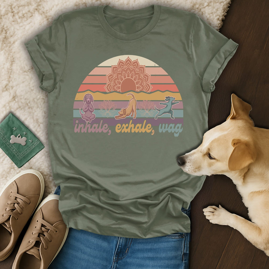 T-shirt with "inhale, exhale, wag" text and yoga dog silhouette.
