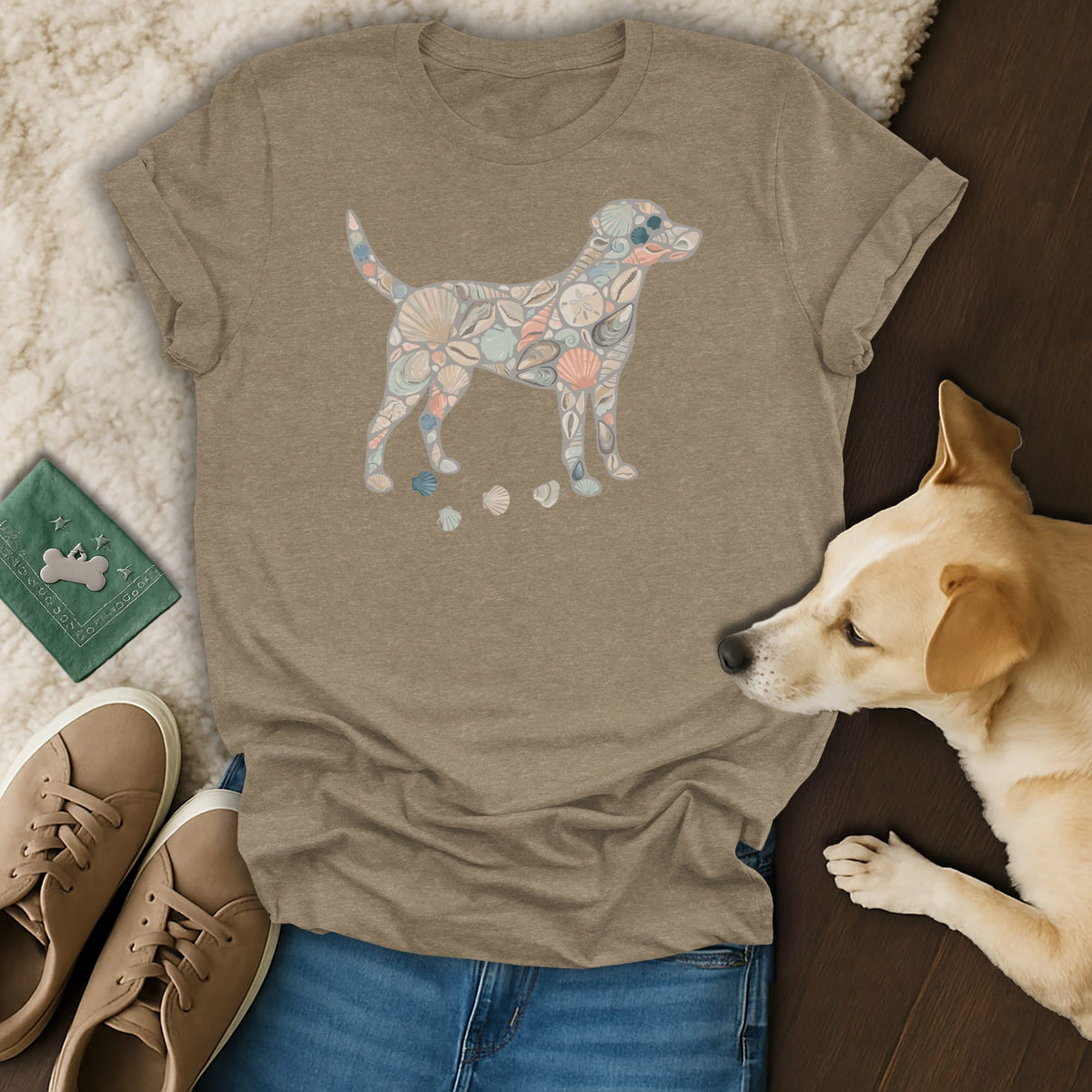 T-shirt with a dog silhouette filled with seashell pattern, lying next to a dog.