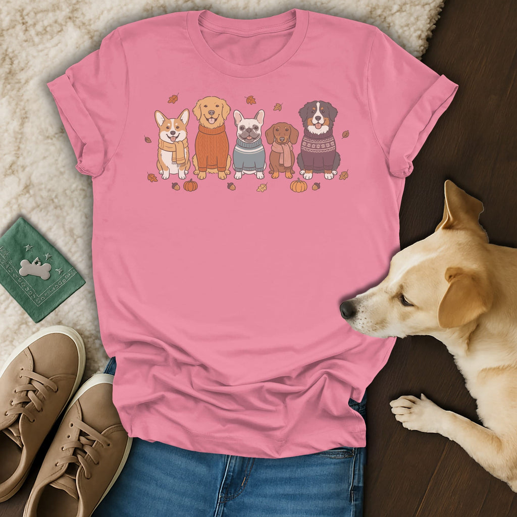T-shirt with cartoon dogs in sweaters and autumn leaves with a dog nearby.
