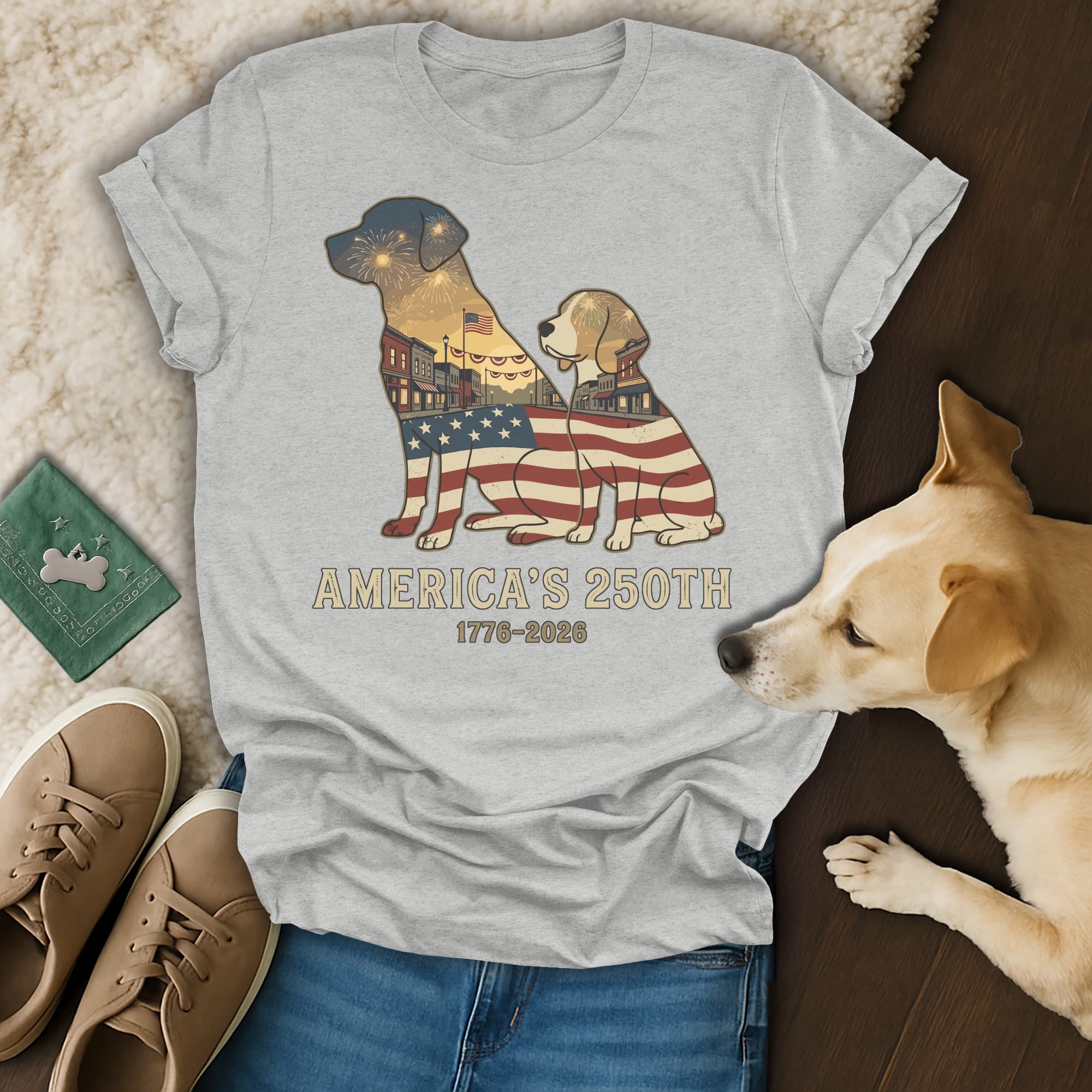 Dog graphic with US flag and fireworks, "America's 250th 1776-2026".