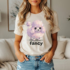 Light purple poodle graphic on a tan t-shirt, "fancy" text below.