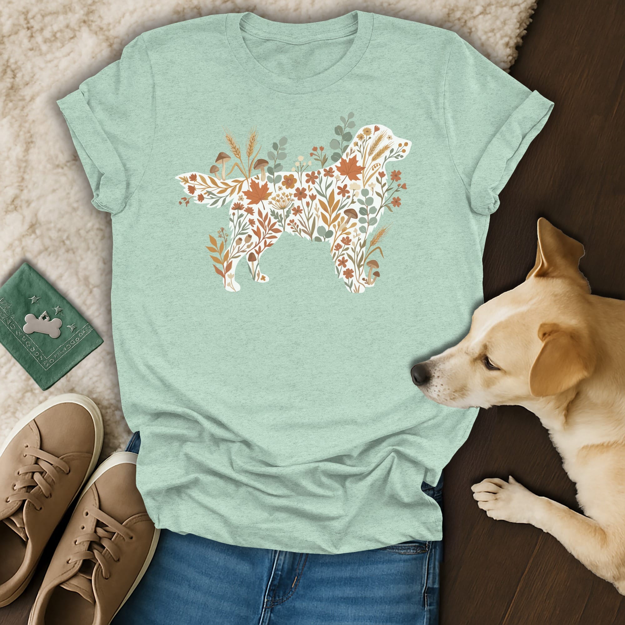 Pale green t-shirt with a dog silhouette filled with autumn leaves and flowers.
