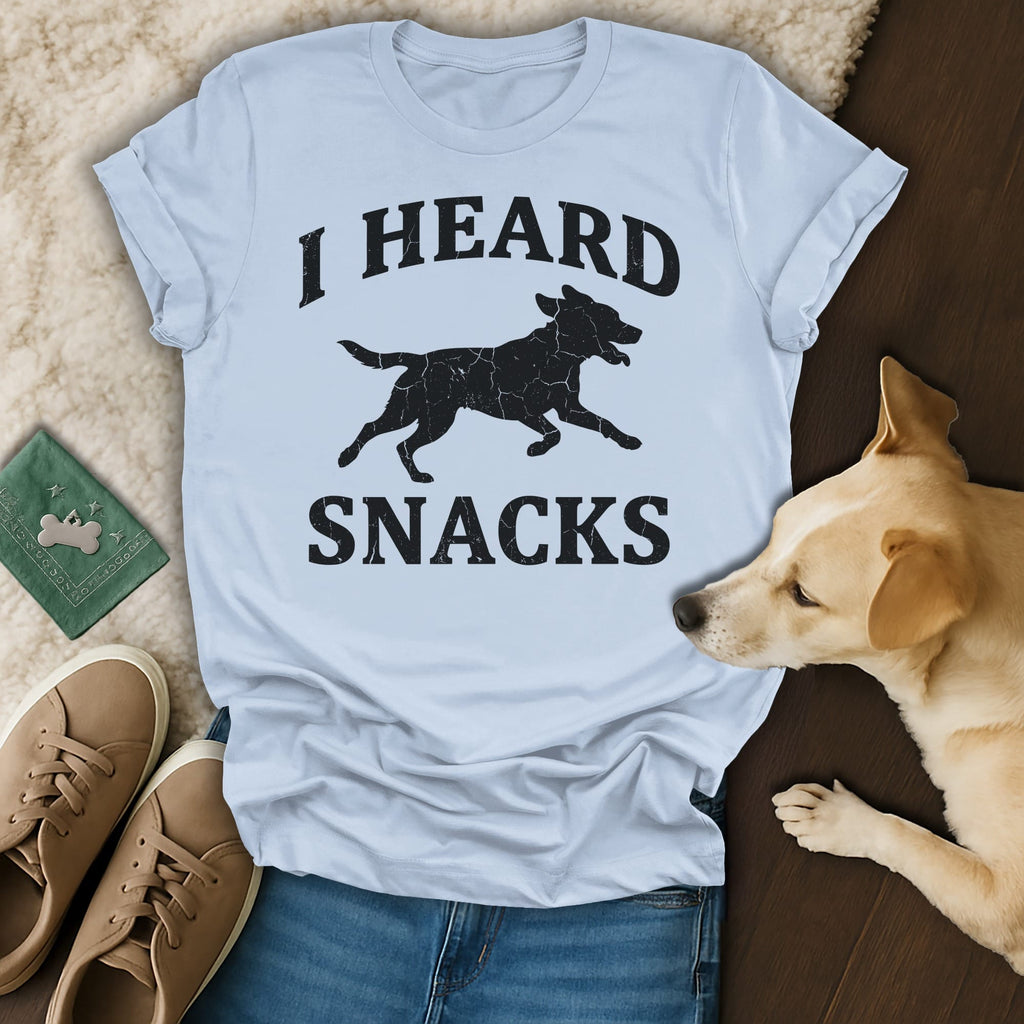 T-shirt with black dog silhouette and "I Heard Snacks" text.