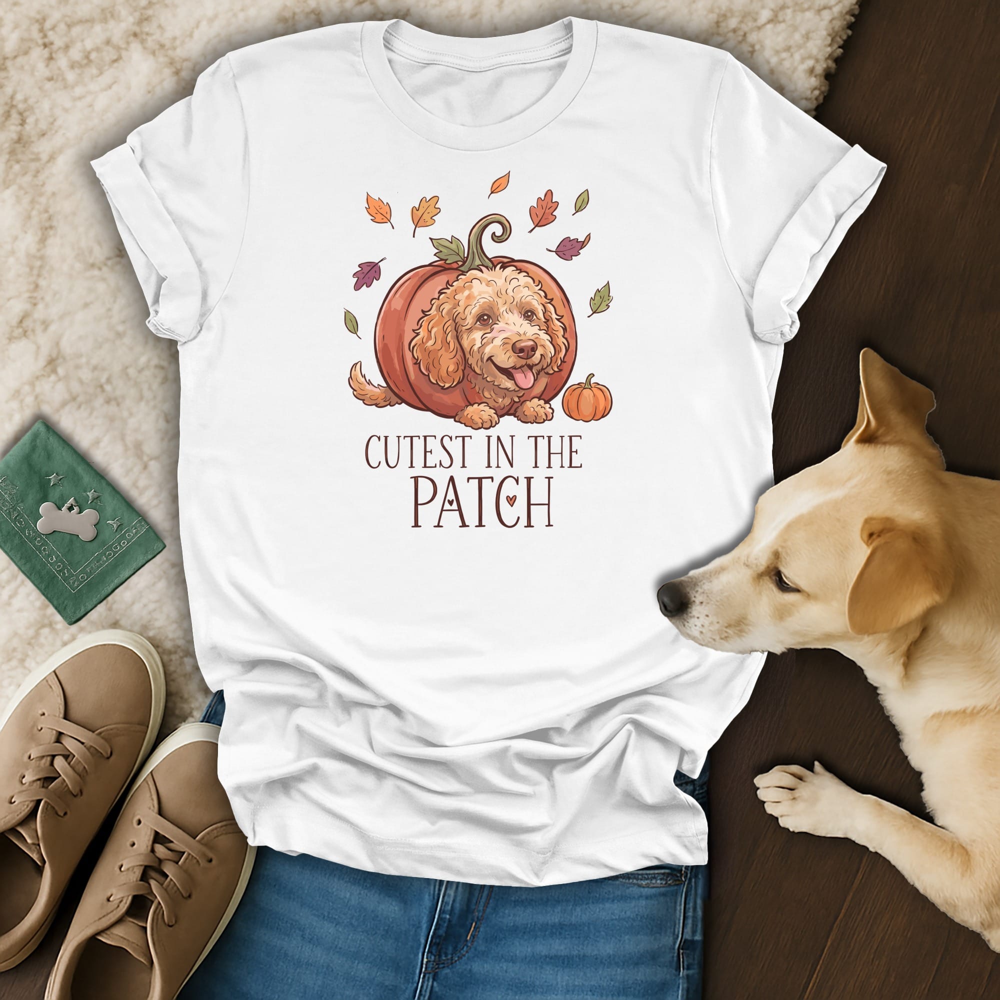 White t-shirt with a cartoon dog in a pumpkin and fall leaves, text "Cutest in the Patch".