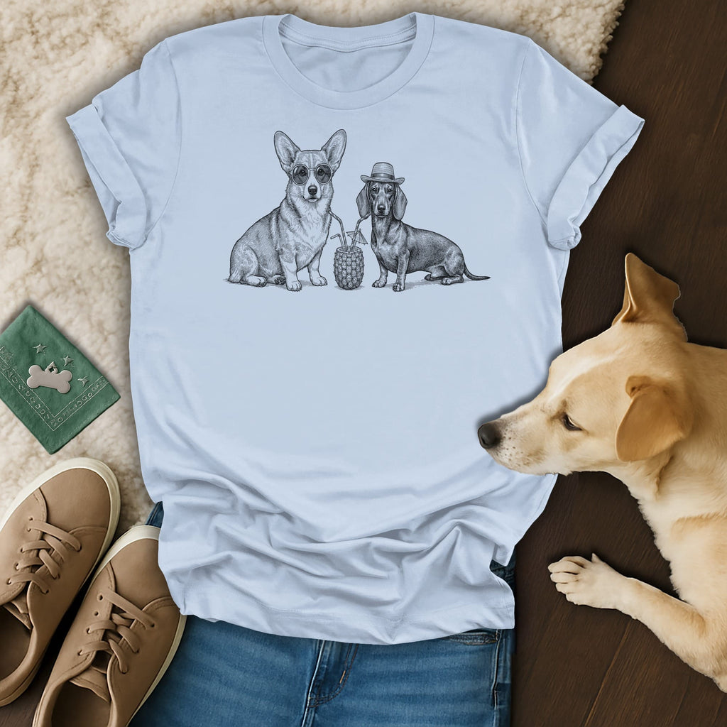 Two dogs, a corgi and a dachshund, wearing sunglasses and a hat, hold drinks.