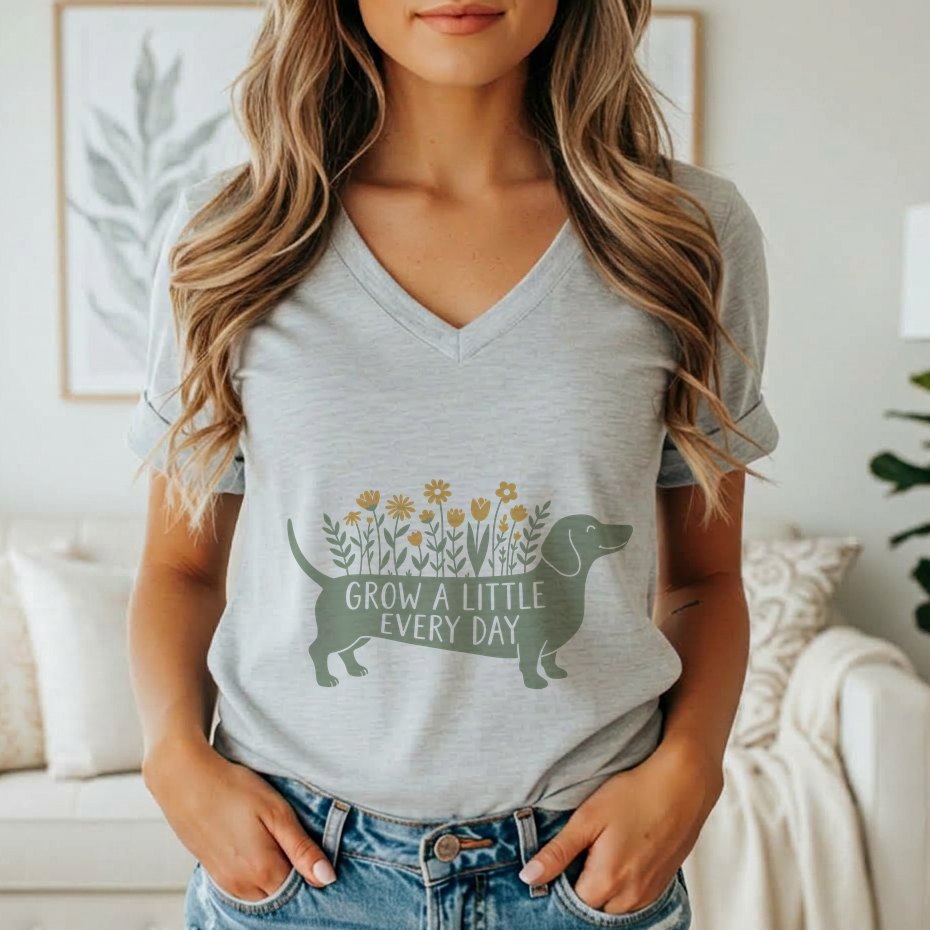 A woman wearing a heather gray V-neck t-shirt featuring a green dachshund graphic with yellow flowers and the text GROW A LITTLE EVERY DAY.
