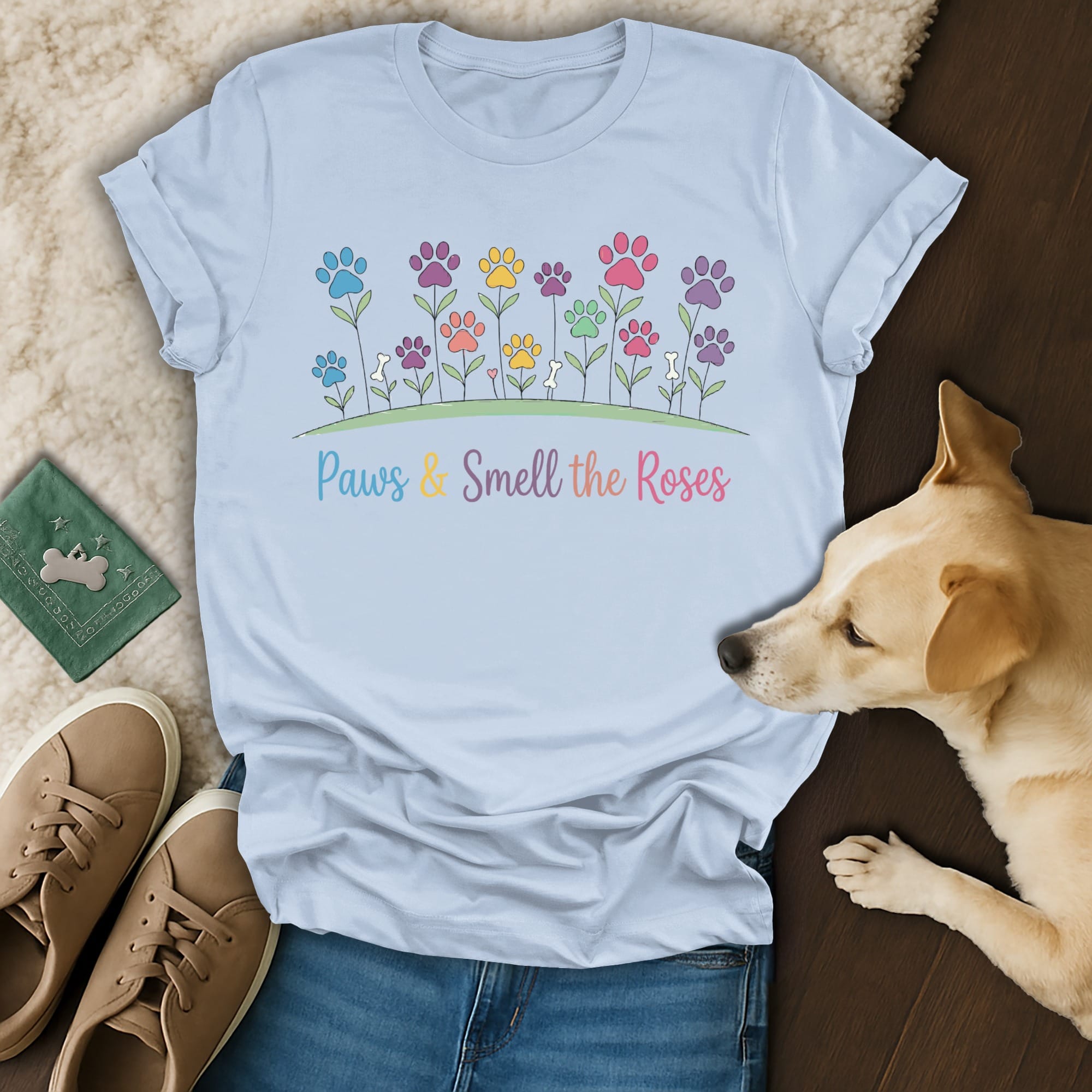 Light blue t-shirt with paw print flowers and text "Paws & Smell the Roses".