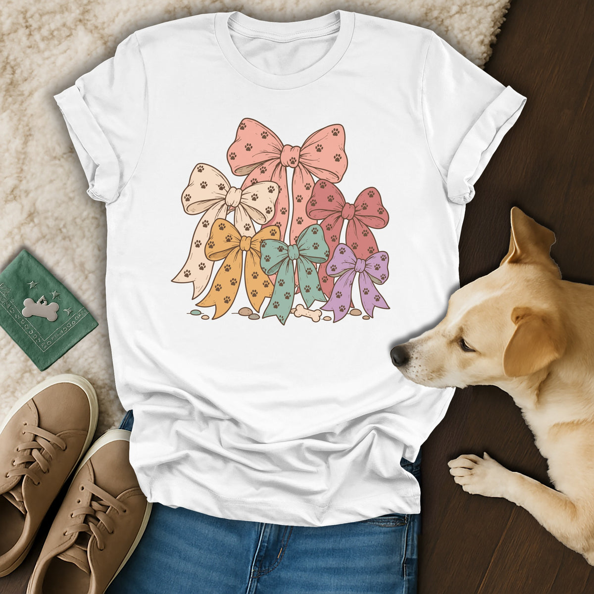 A white t-shirt featuring a stack of colorful bows patterned with small paw prints.