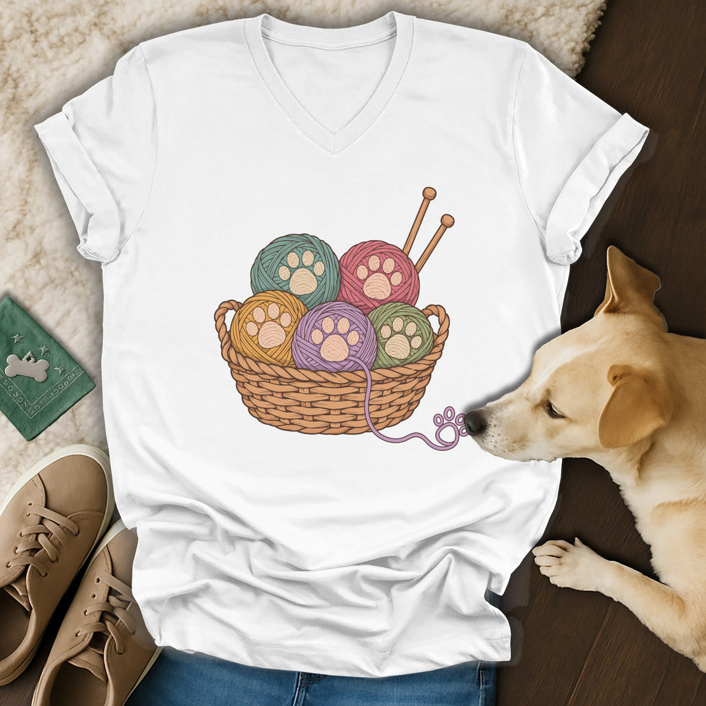A white V-neck t-shirt featuring a basket of colorful yarn balls with paw print centers, surrounded by a dog, shoes, and jeans.