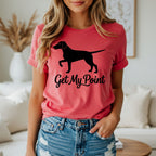 Salmon t-shirt with black dog silhouette and text "Get My Point".