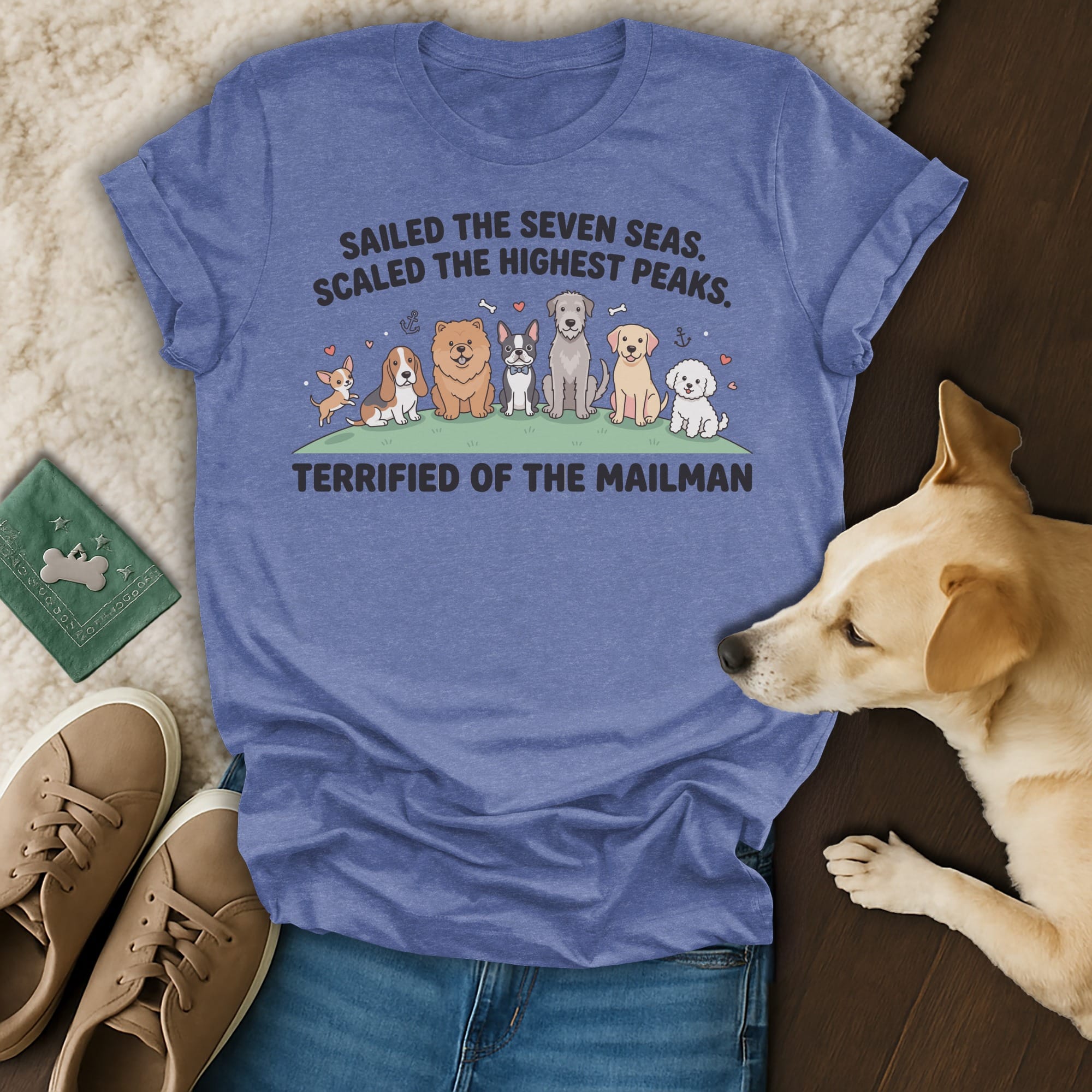 T-shirt with dogs and text "Terrified of the Mailman".