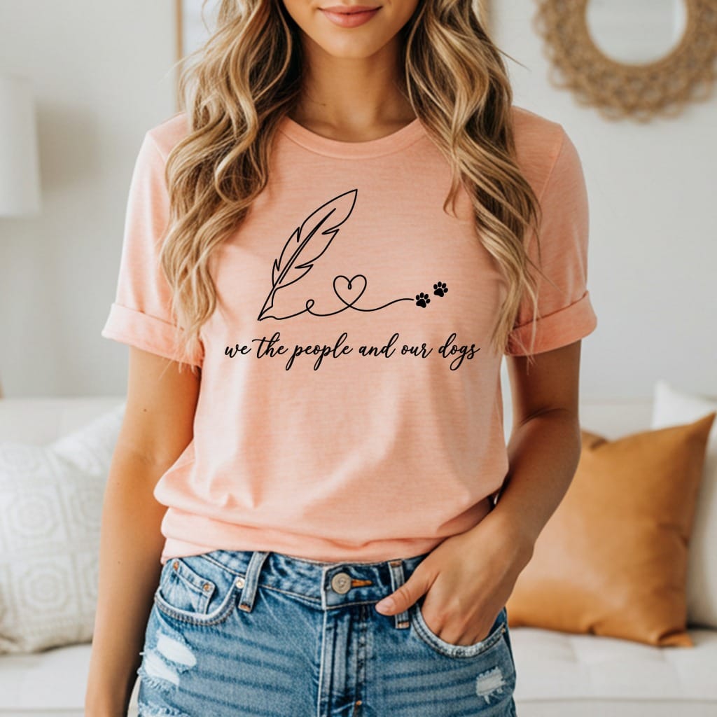 Peach t-shirt with "we the people and our dogs" text and feather/paw print design.