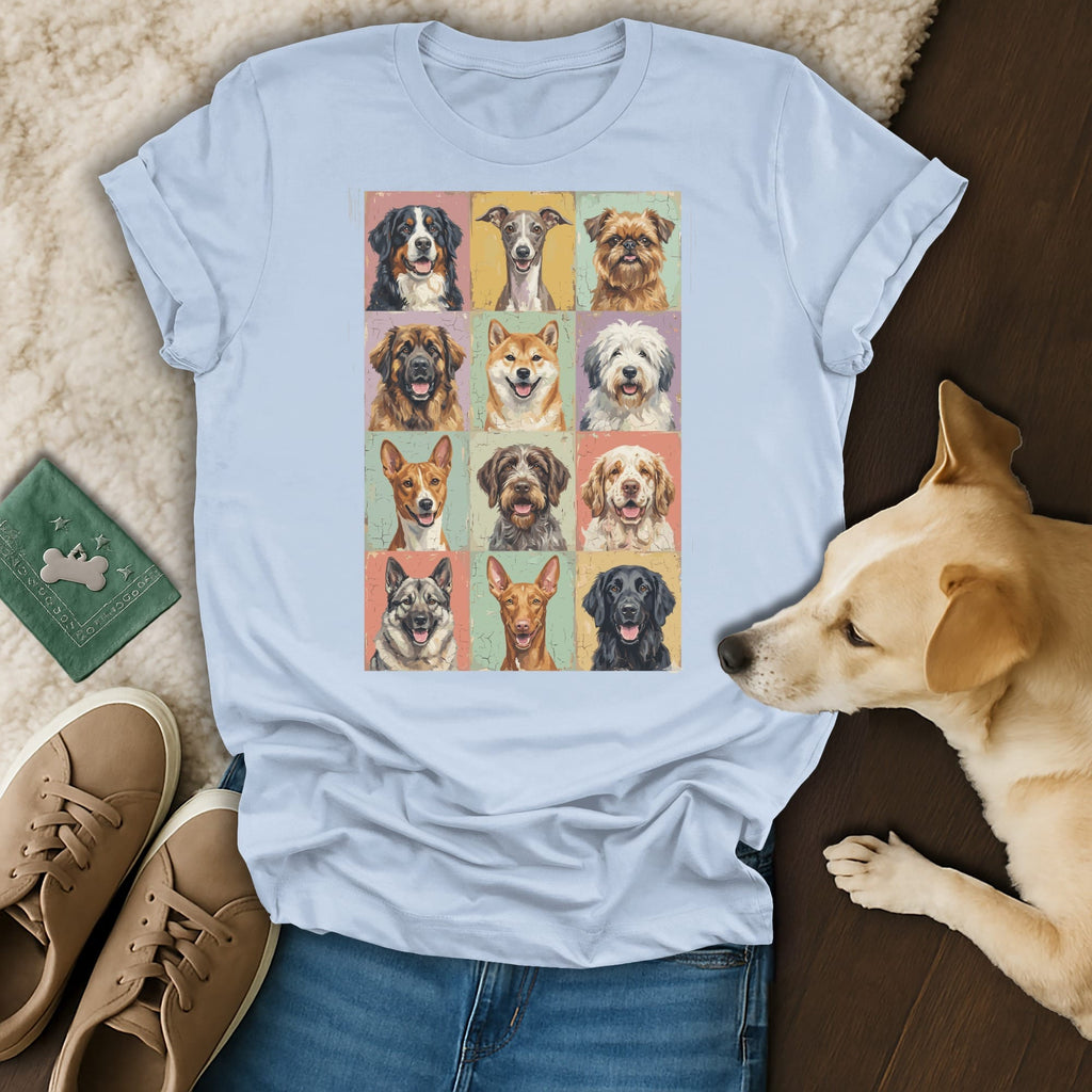 Grid of twelve dog portraits on a light blue t-shirt.