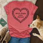 Red t-shirt with "more dogs, less stress" in a paw print heart design.