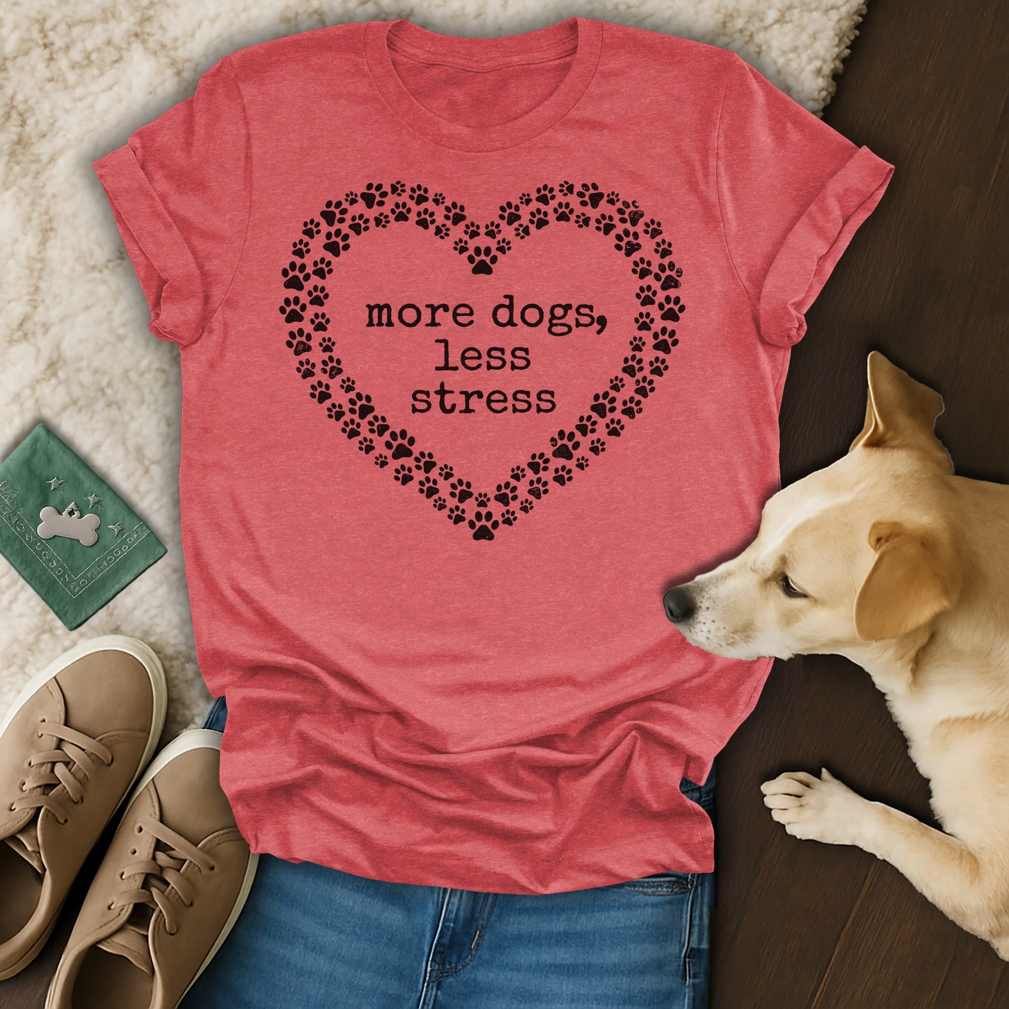 Red t-shirt with "more dogs, less stress" in a paw print heart design.