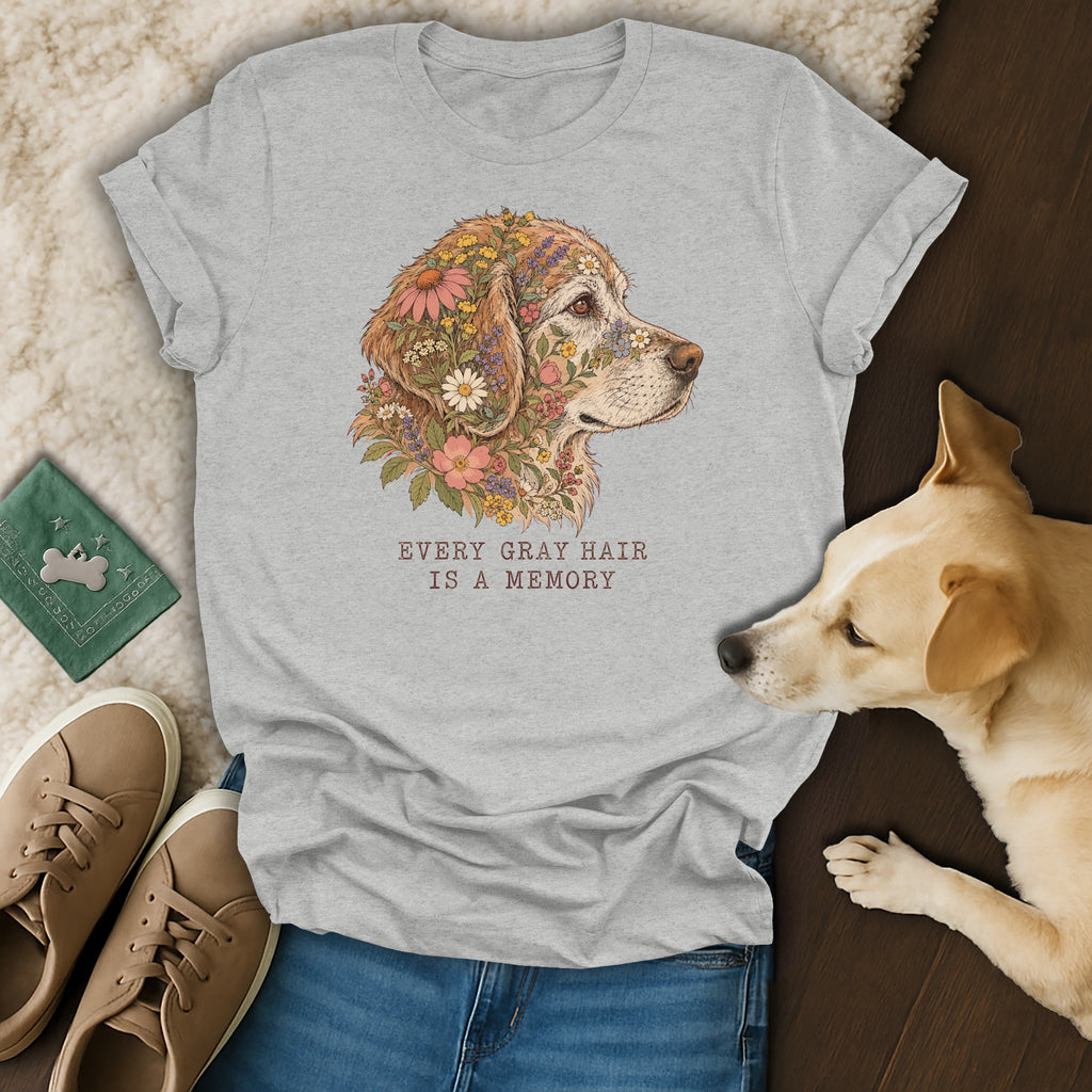 Heather gray t-shirt with a floral dog graphic and the text every gray hair is a memory.