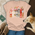 T-shirt with cartoon dogs holding pickleball paddles and a trophy.