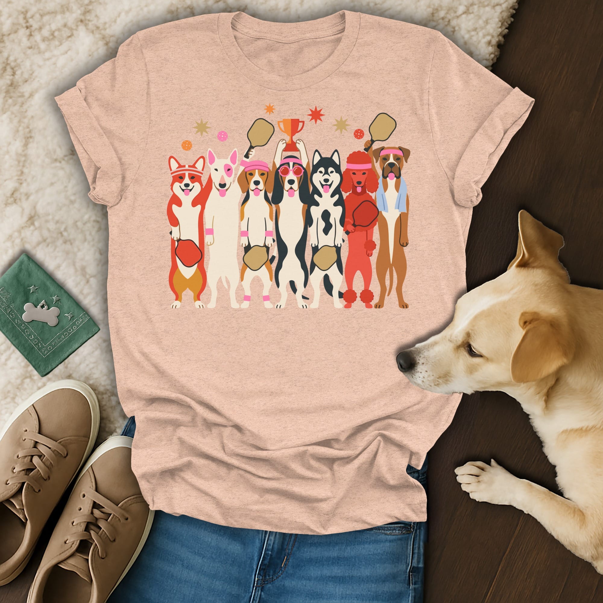 T-shirt with cartoon dogs holding pickleball paddles and a trophy.