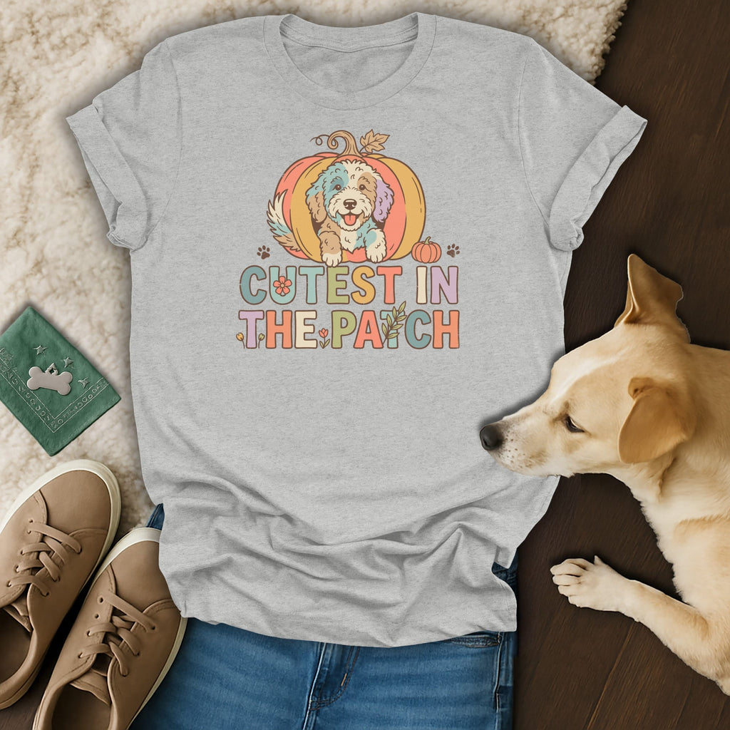 Light grey t-shirt with colorful "Cutest In The Patch" text and dog in pumpkin design.