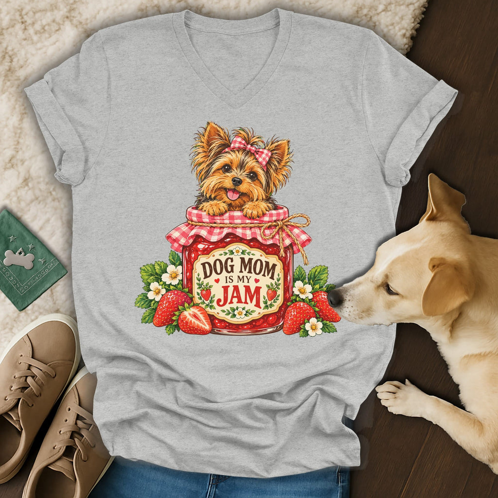 Gray v-neck t-shirt featuring a Yorkie in a strawberry jam jar with text reading DOG MOM IS MY JAM.