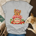 Gray v-neck t-shirt featuring a Yorkie in a strawberry jam jar with text reading DOG MOM IS MY JAM.