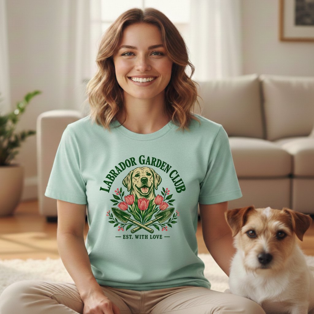 A smiling woman wears a mint green t-shirt with a Labrador garden club graphic, sitting beside a terrier.