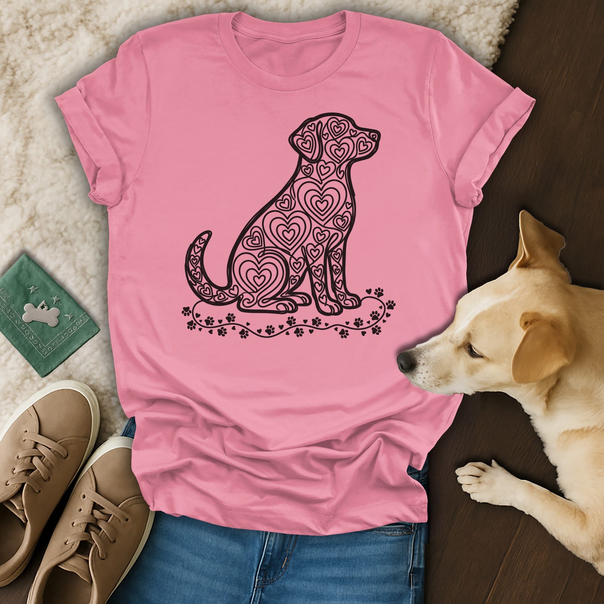 Pink t-shirt with a stylized dog silhouette filled with heart shapes.