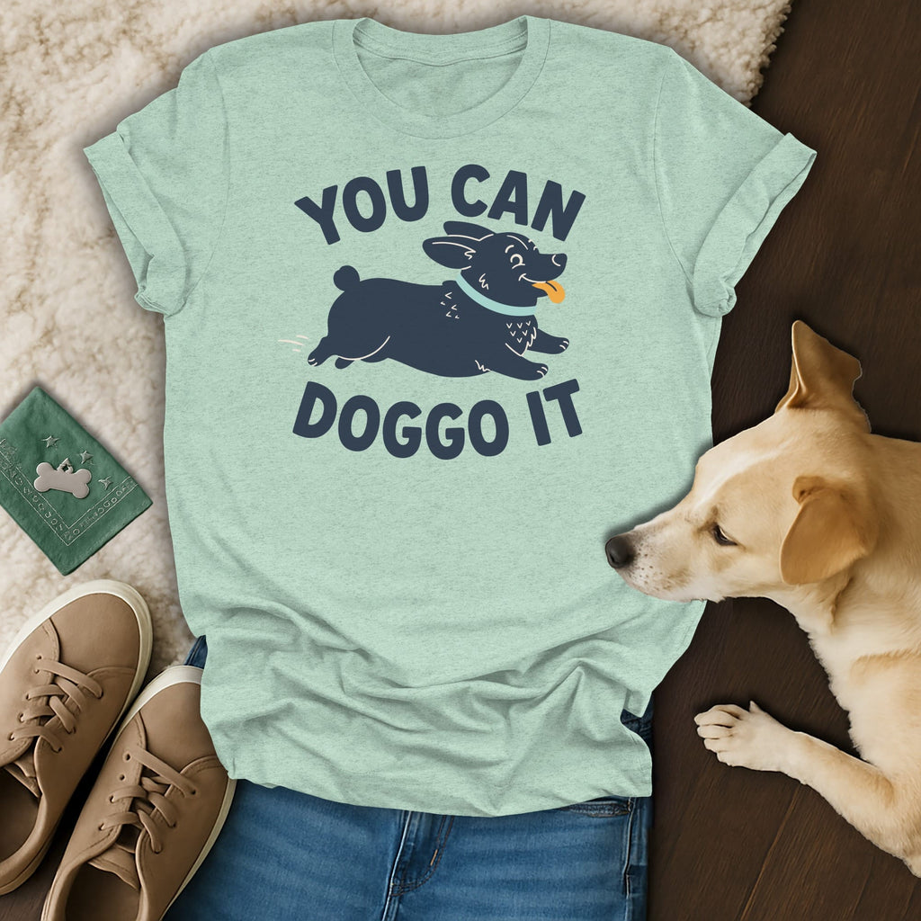 Light green t-shirt with dark blue text "YOU CAN DOGGO IT" and a cartoon dog.