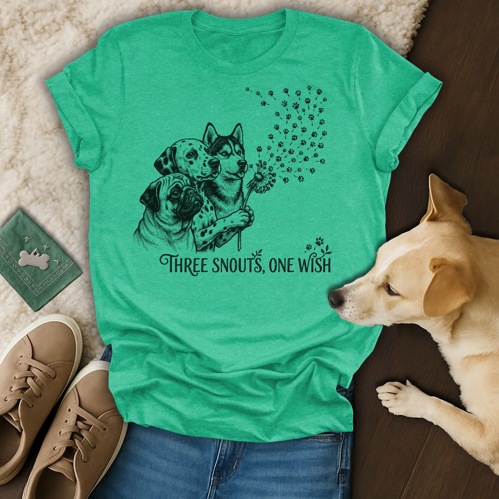 T-shirt with three dogs and dandelion with paw print seeds, "Three Snouts, One Wish" text.