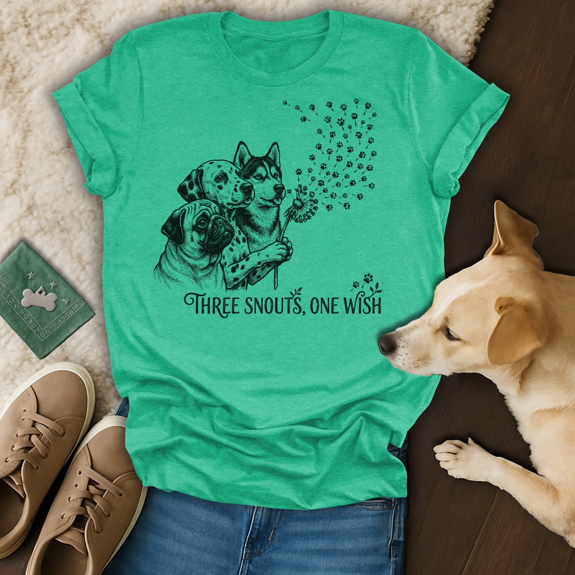 T-shirt with three dogs and dandelion with paw print seeds, "Three Snouts, One Wish" text.