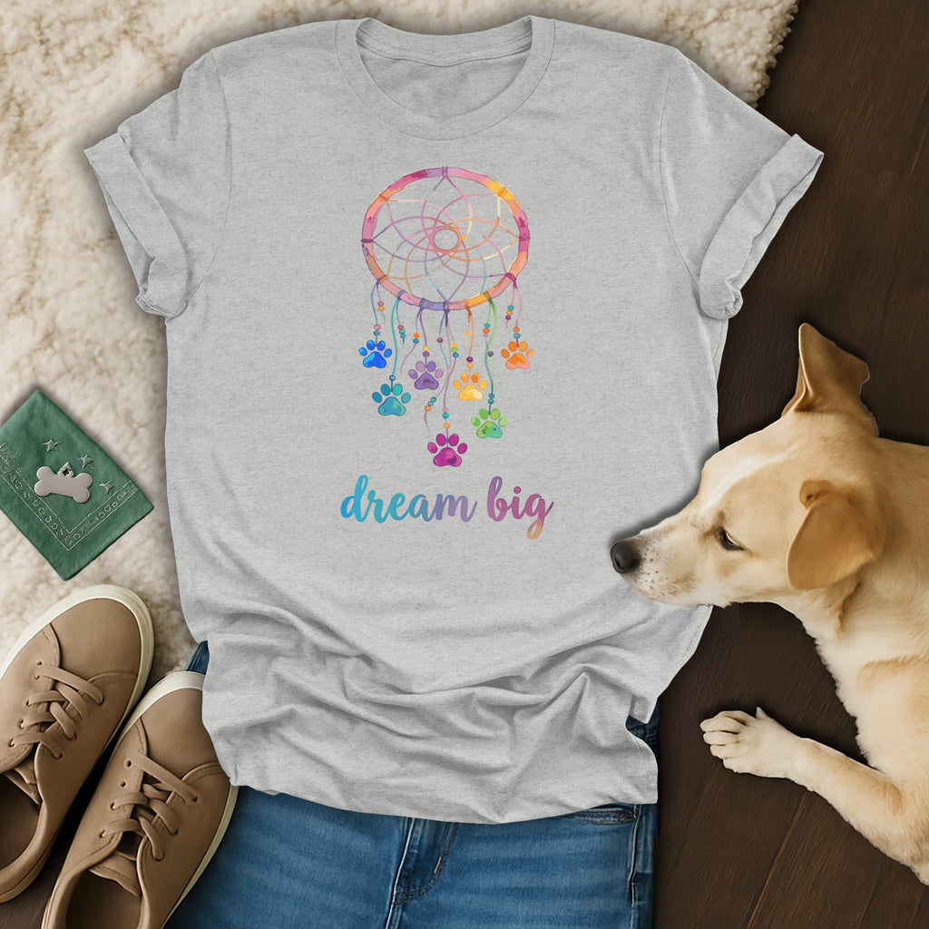 Gray t-shirt with colorful dreamcatcher and "dream big" text.