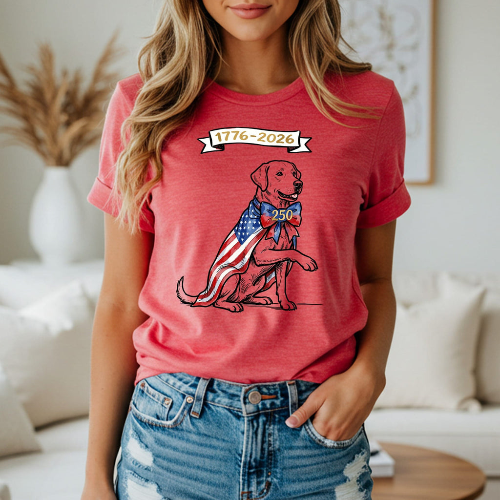 Red t-shirt with patriotic Labrador dog wearing American flag bandana and "250" bow tie.