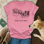 Pink t-shirt with line drawing of four dogs and "FOUR GOOD BOYS" text.