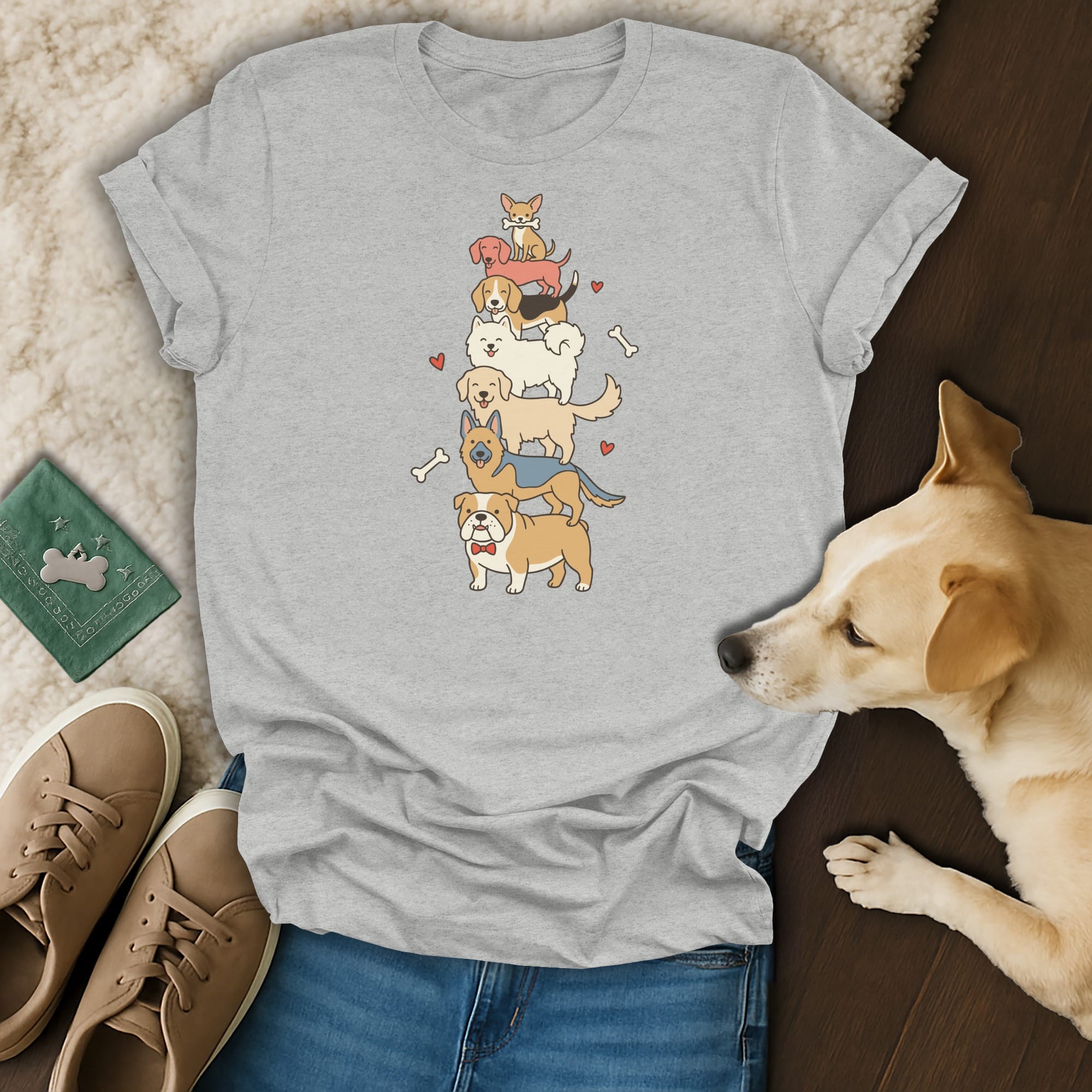 Light gray t-shirt with a stack of cartoon dogs and bones.