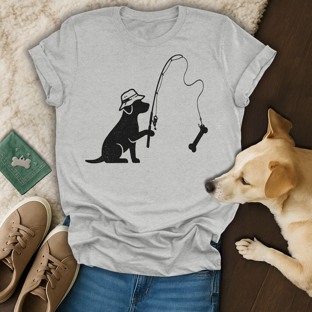 Dog wearing a hat fishing for a bone with a fishing rod.