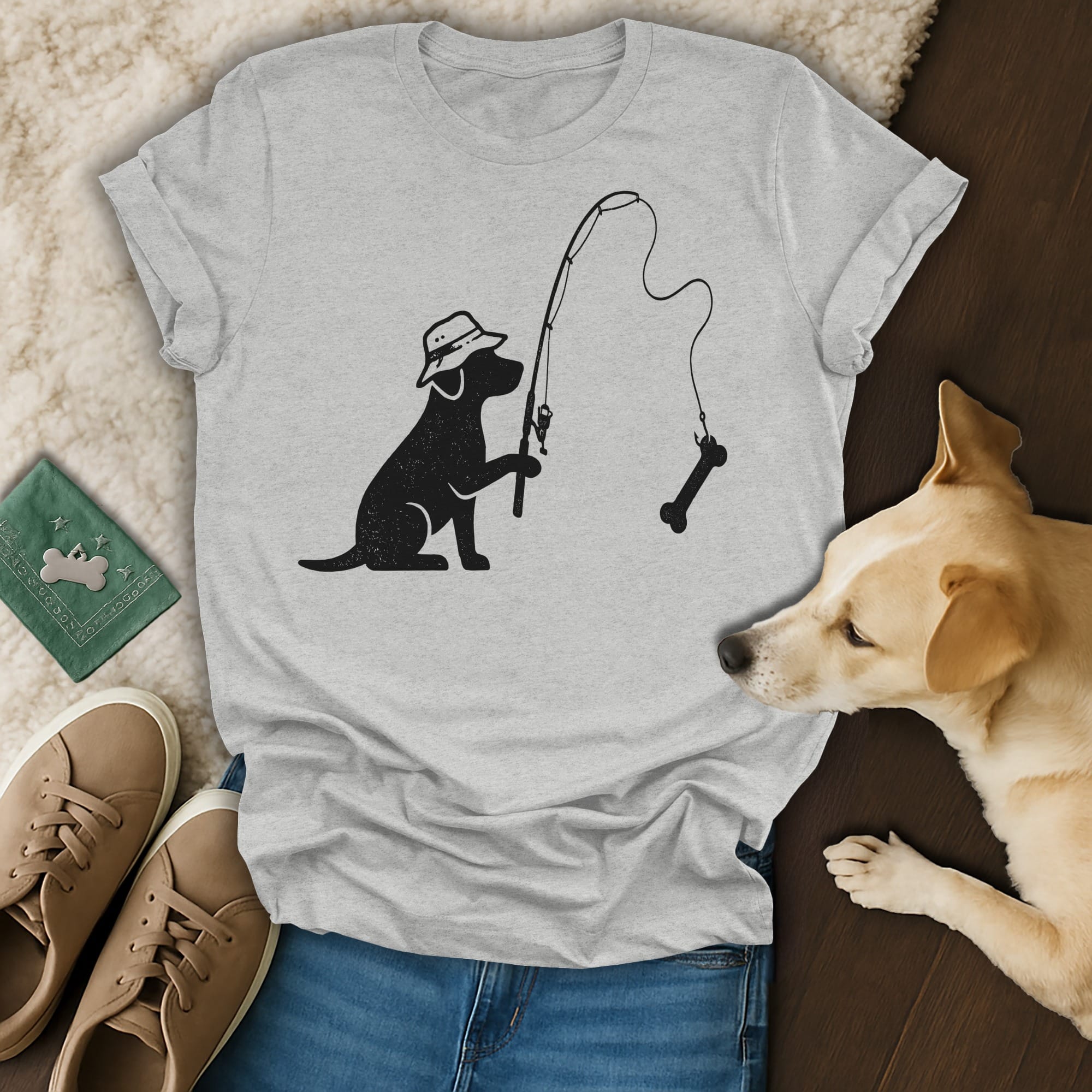 Dog wearing a hat fishing for a bone with a fishing rod.