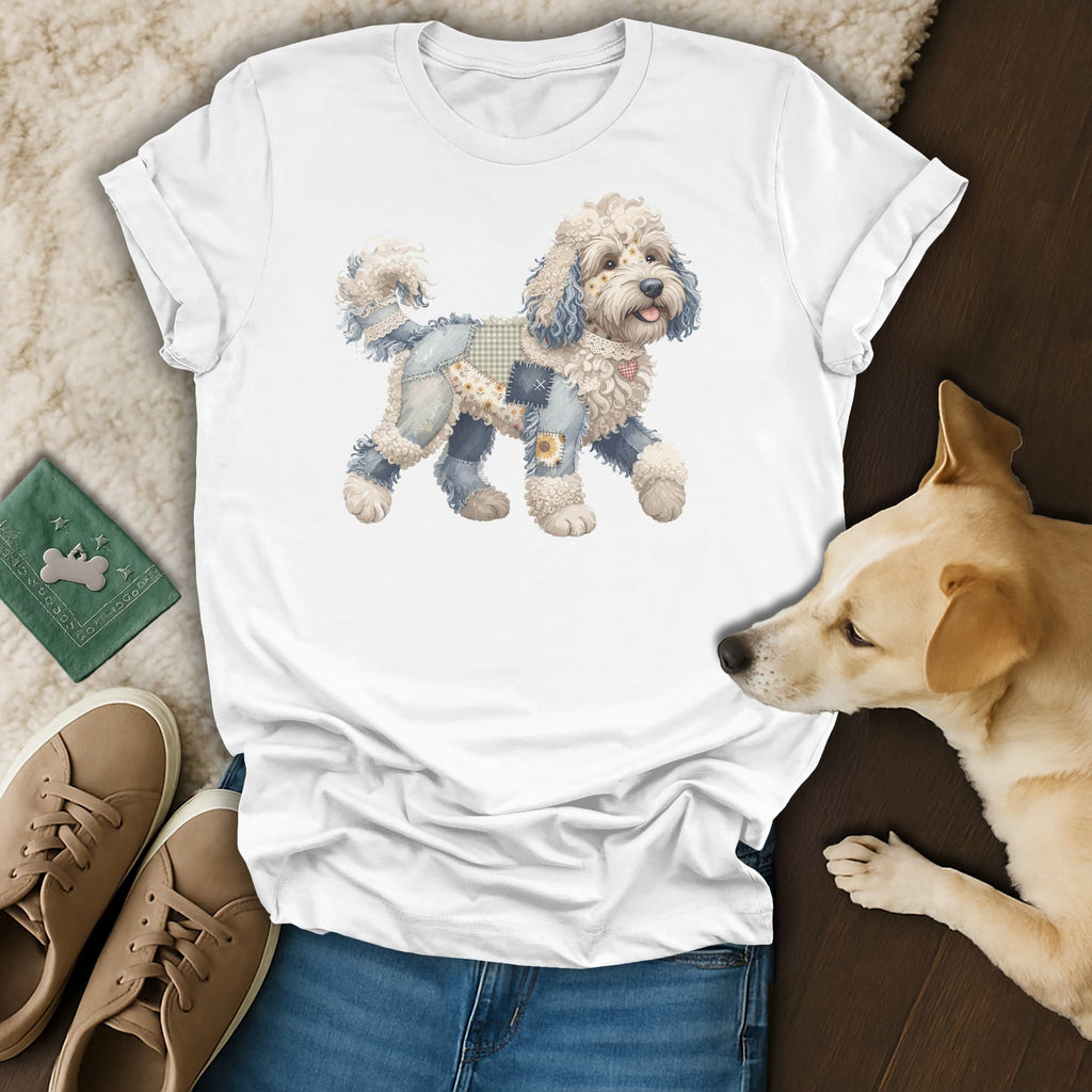 White t-shirt with a patched dog graphic, paired with jeans and sneakers.