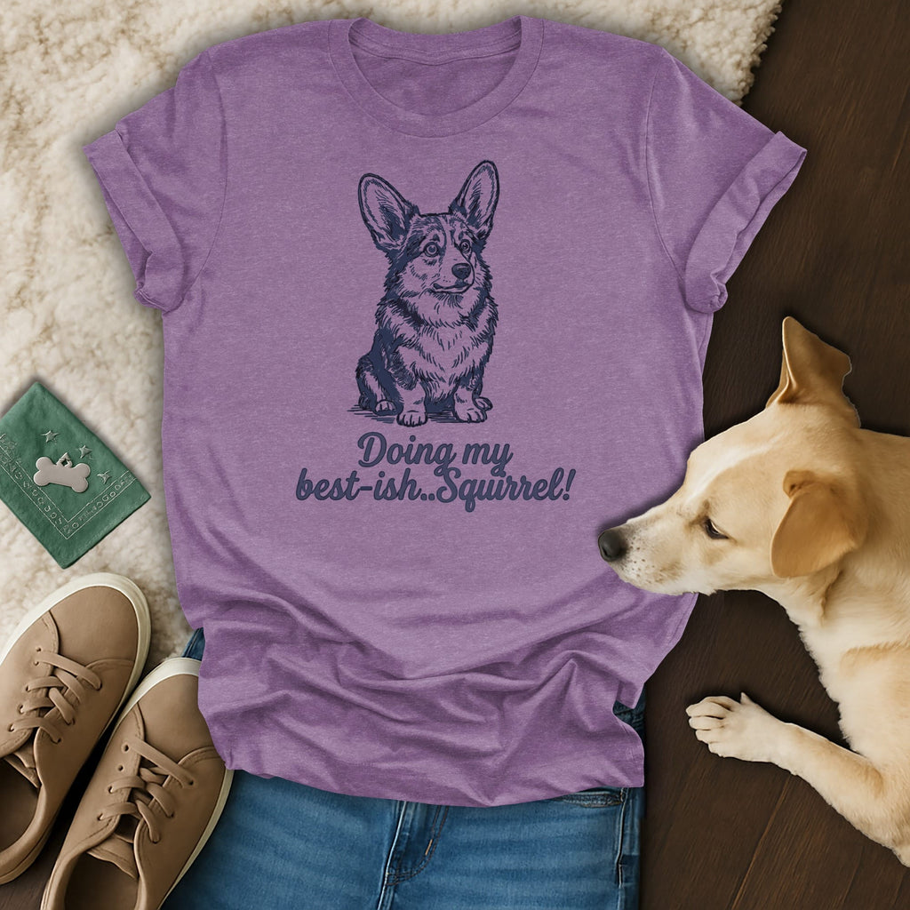 Purple t-shirt with corgi illustration and text "Doing my best-ish...Squirrel!".