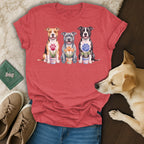 Red t-shirt with three watercolor pit bulls and potted flowers graphic.
