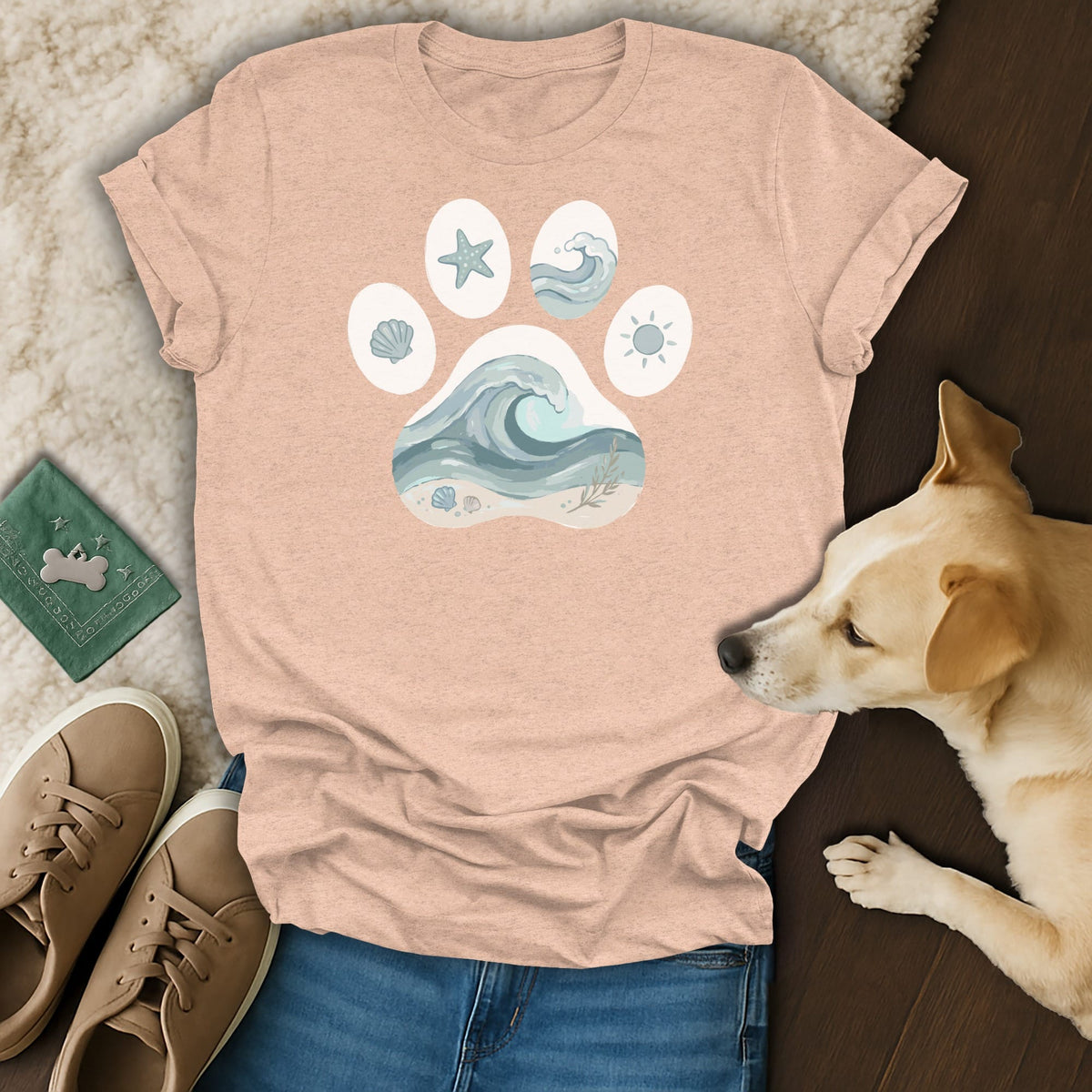 Peach t-shirt with paw print graphic featuring ocean waves, shells, and sun.
