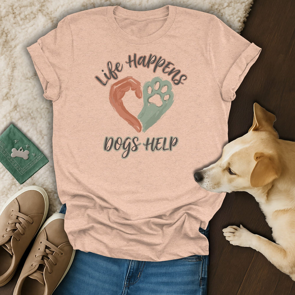 Peach t-shirt with "Life Happens Dogs Help" graphic featuring hands and paw print.
