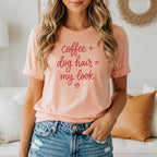 Peach t-shirt with red text: "coffee + dog hair = my look" and paw print.