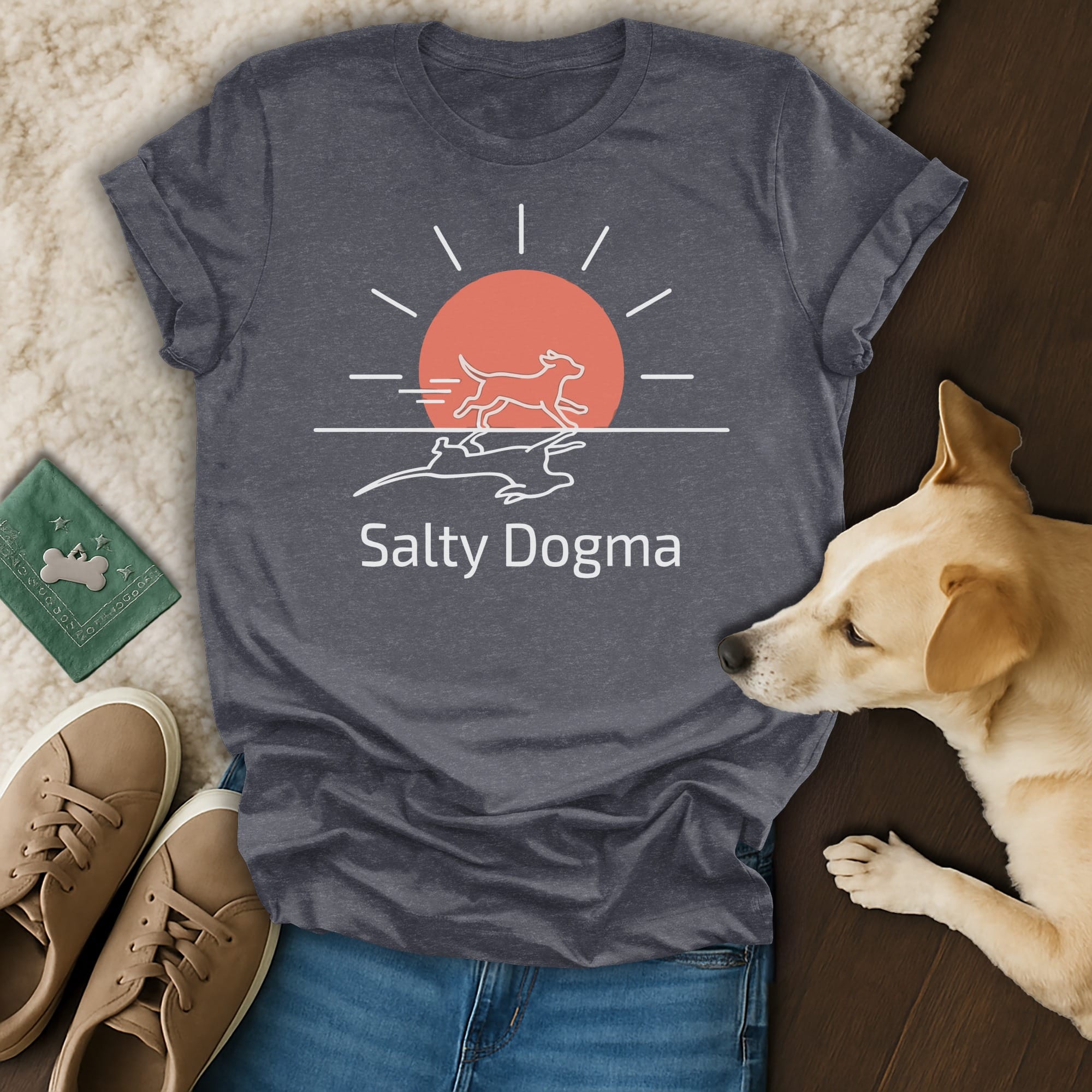 Dark grey t-shirt with "Salty Dogma" text and a minimalist dog and rabbit graphic under a sun.