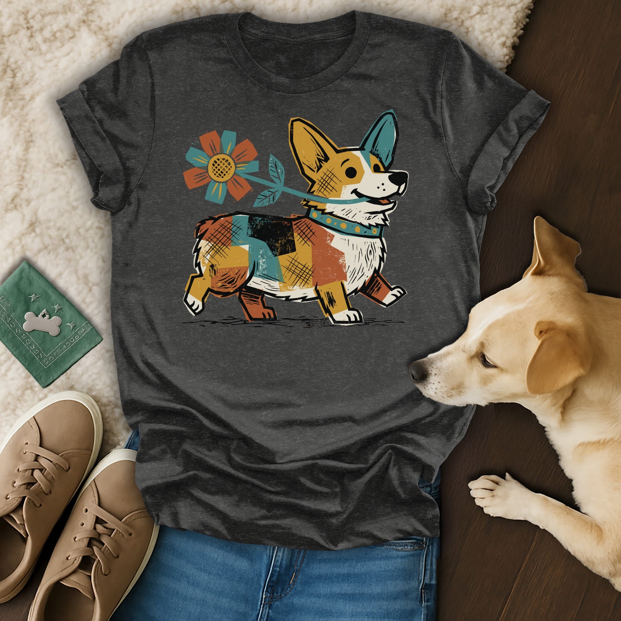 Dark gray t-shirt with a colorful corgi holding a flower.