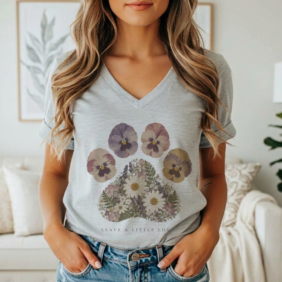 A woman wearing a gray V-neck t-shirt featuring a floral paw print graphic with the text Leave A Little Love.