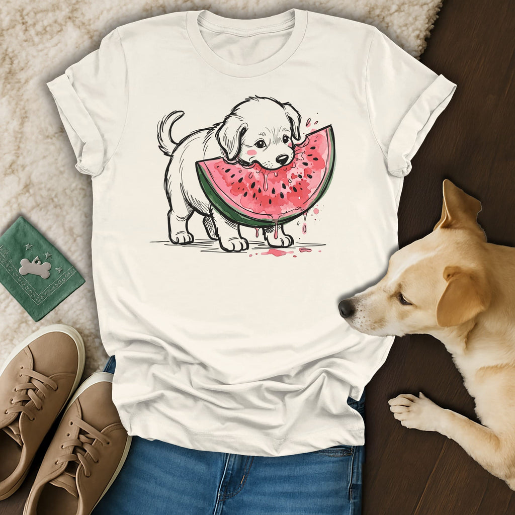 Dog wearing a t-shirt with a puppy eating watermelon graphic.
