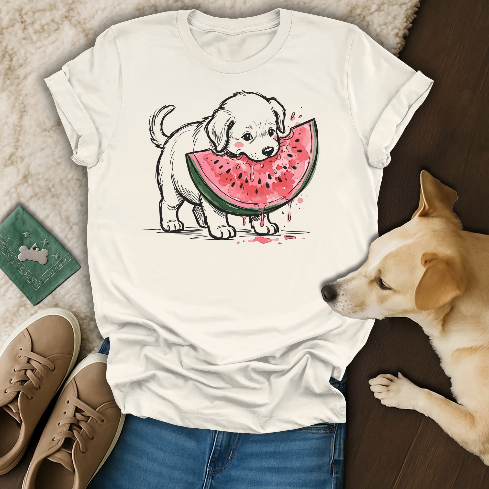 Dog wearing a t-shirt with a puppy eating watermelon graphic.