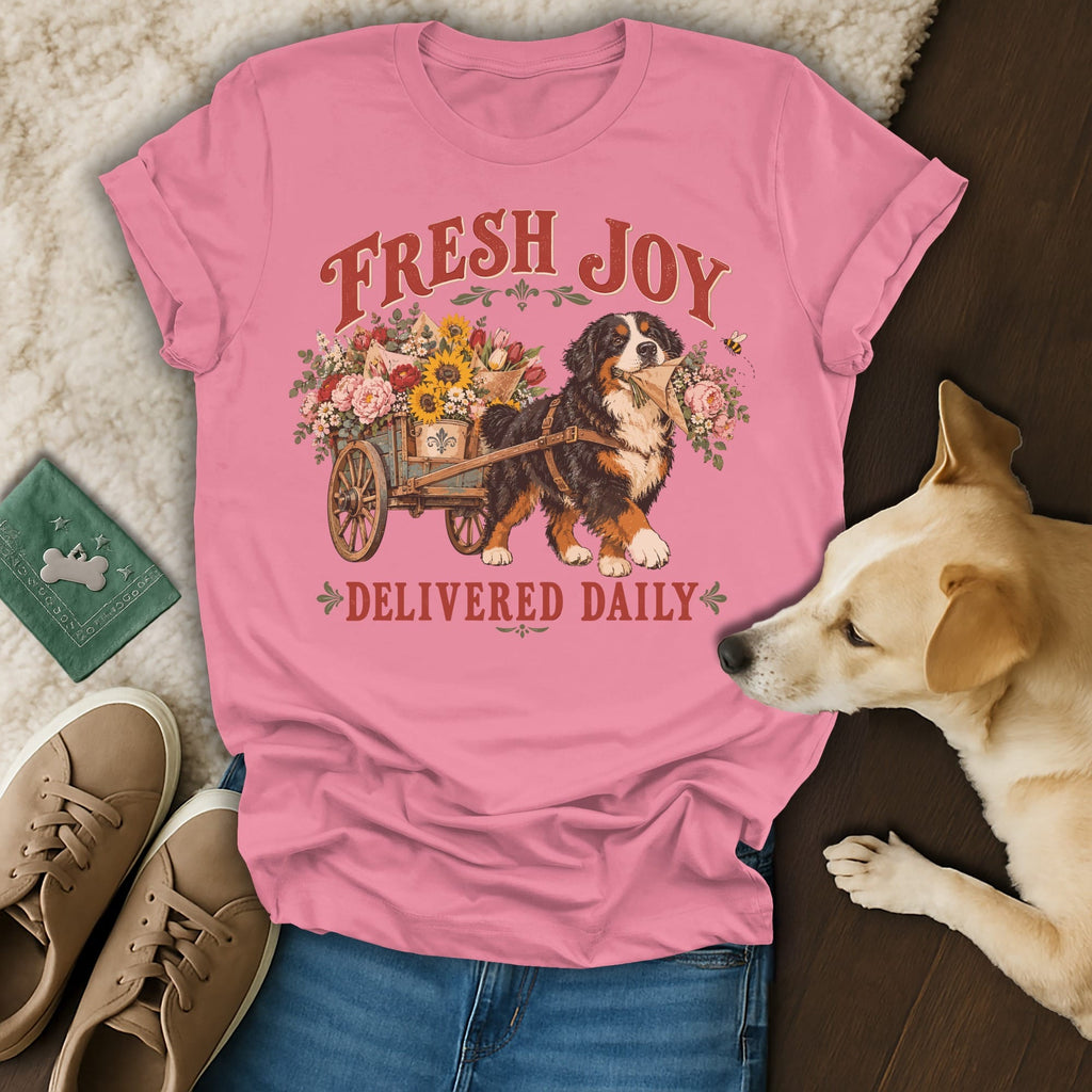 Pink t-shirt with a Bernese Mountain Dog pulling a flower cart and text that reads Fresh Joy Delivered Daily.